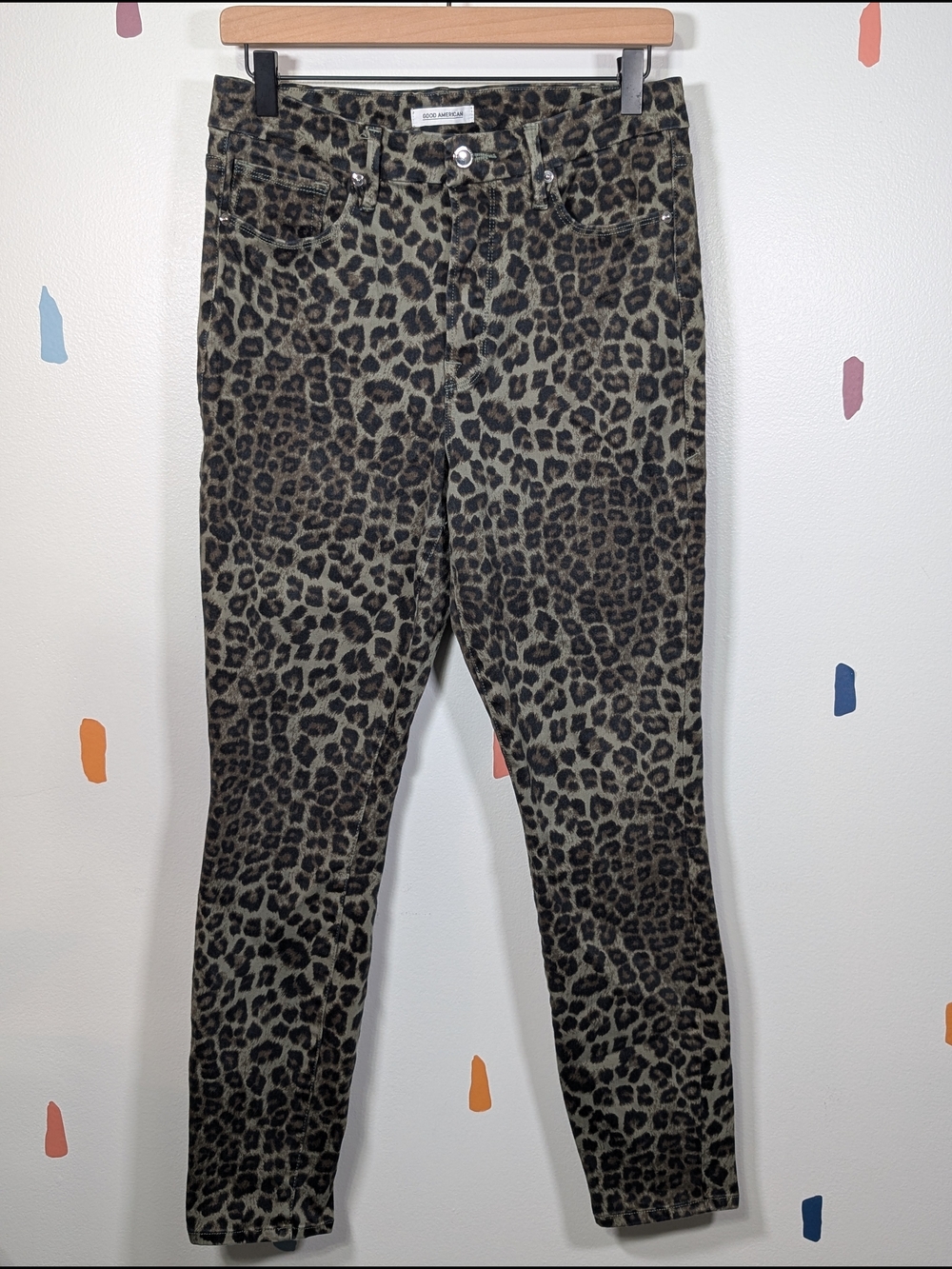 Good American Olive And Black Leopard Print Crop Pants Size 10